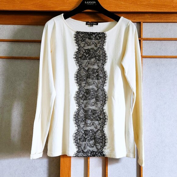 Adrienne Vittadini White Top Blouse with Black Lace Insert Crew Neck Long Sleeve - Picture 1 of 10